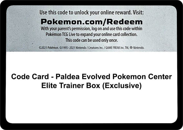 Code Card - Paldea Evolved Pokemon Center Elite Trainer Box (Exclusive) - Pokémon