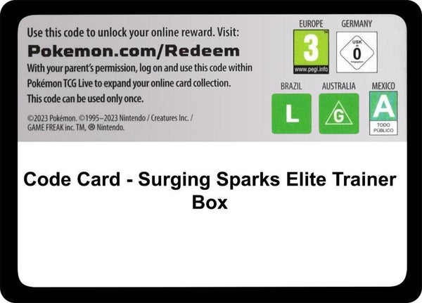 Code Card - Surging Sparks Elite Trainer Box - Pokémon