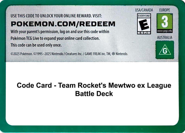 Code Card - Team Rocket's Mewtwo ex League Battle Deck - Pokémon